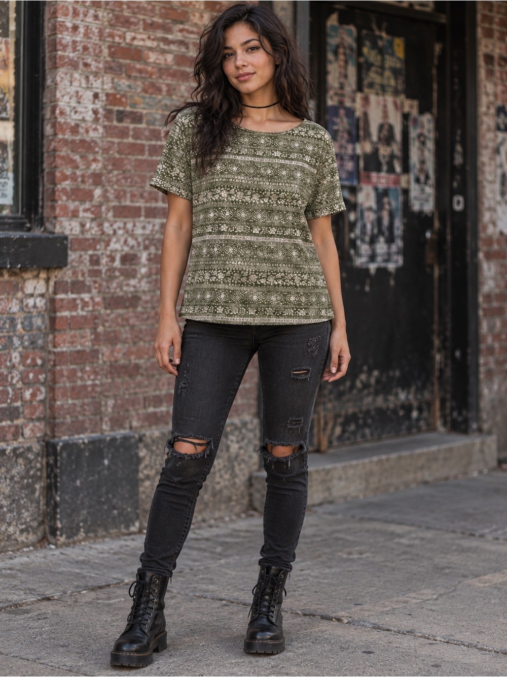 Vintage Basic Editions Olive Green Floral Stripe Short Sleeve Top